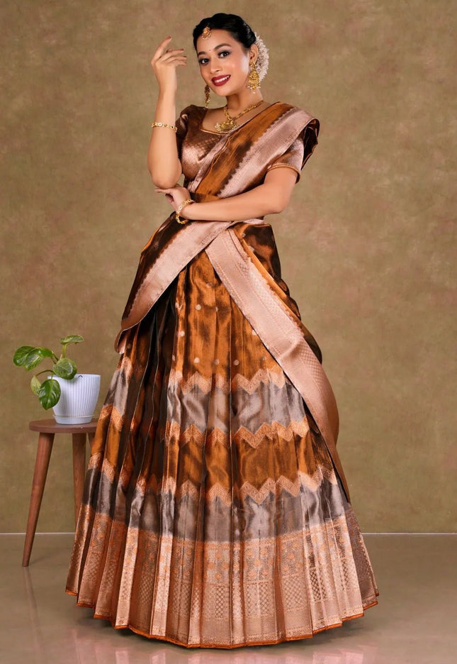 Brown Tissue Silk Pattu Half Saree With Zari Work - Gajiwala