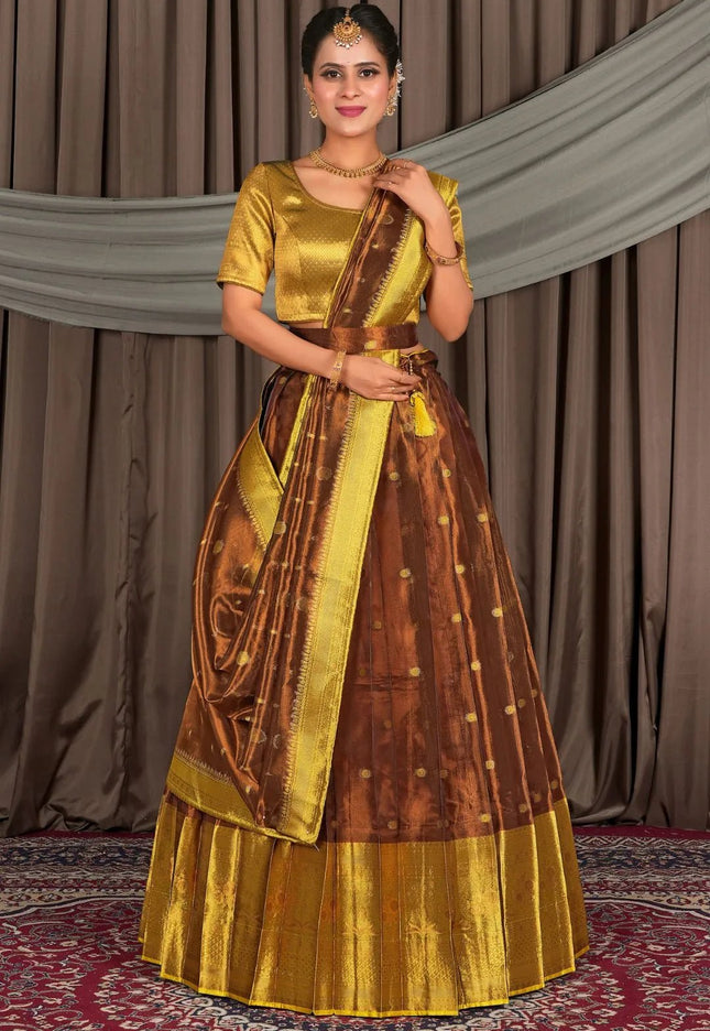 Brown Tissue Silk Zari Work Lehenga For Women - Gajiwala