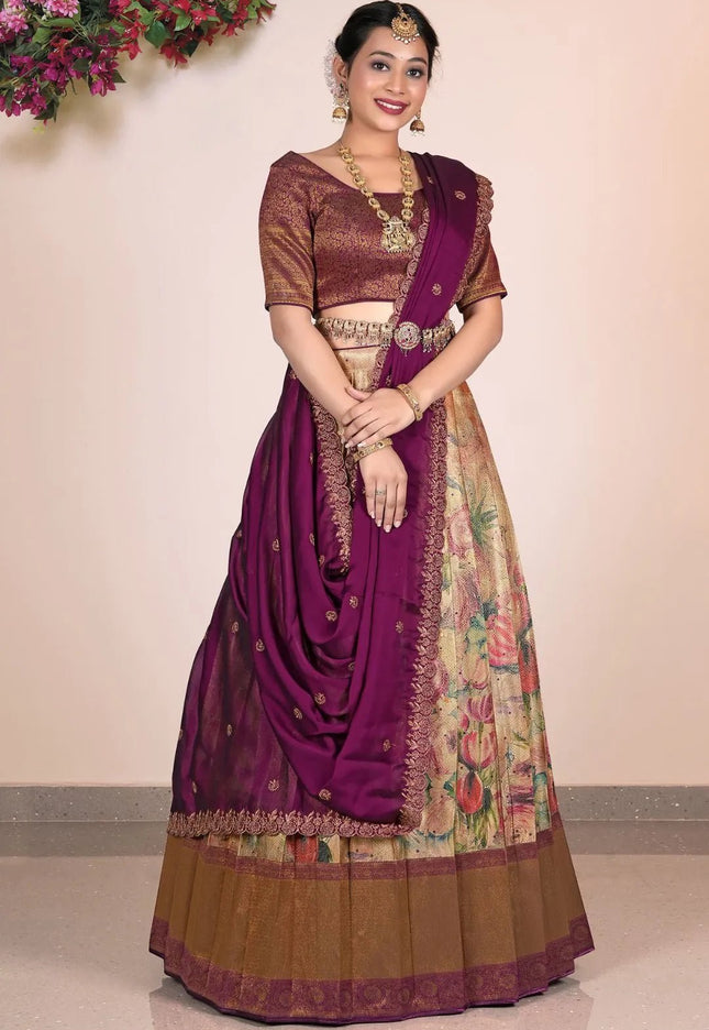 Chiku Banarasi Jacquard With Digital Print Lehenga Choli - Gajiwala