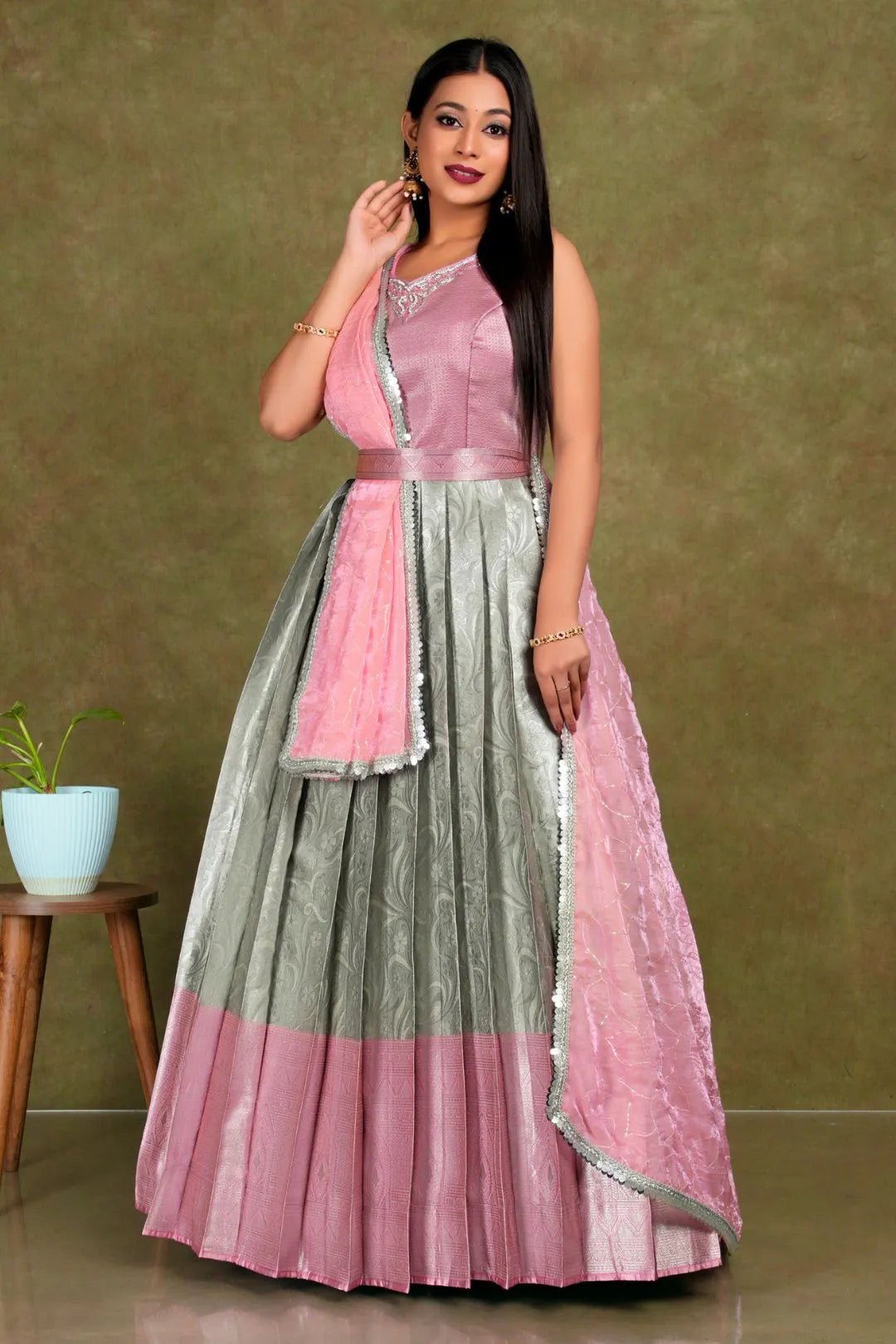 Chiku Banarasi Long Gown With Dupatta - Gajiwala