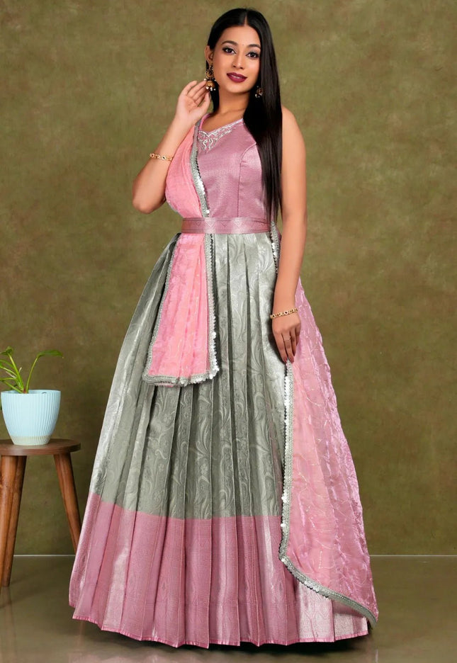 Chiku Banarasi Long Gown With Dupatta - Gajiwala