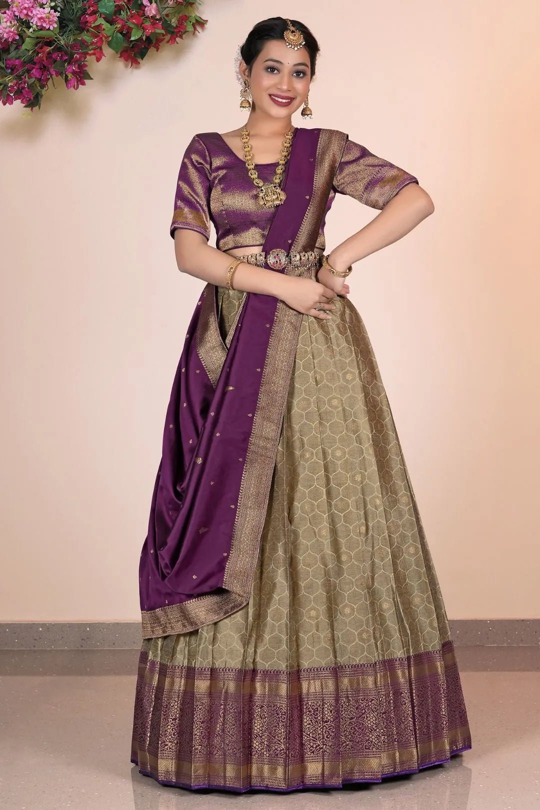 Chiku Banarasi Silk Half Saree With Zari Weaving - Gajiwala