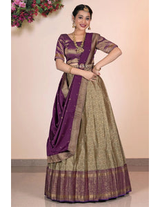 Chiku Banarasi Silk Half Saree With Zari Weaving - Gajiwala