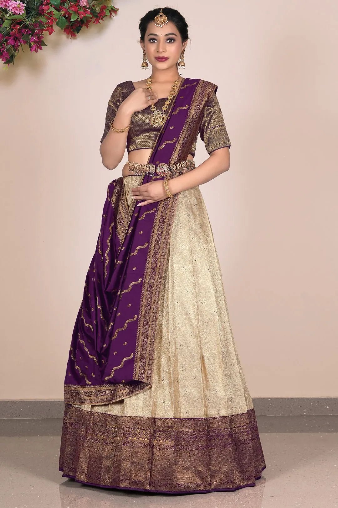 Chiku Jacquard Banarasi Silk Lehenga With Zari Woven - Gajiwala