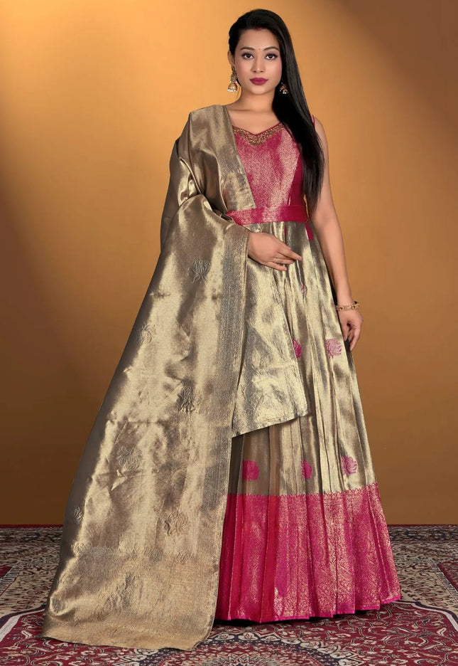 Chiku Long Gown Banarasi Silk Zari Weaving - Gajiwala