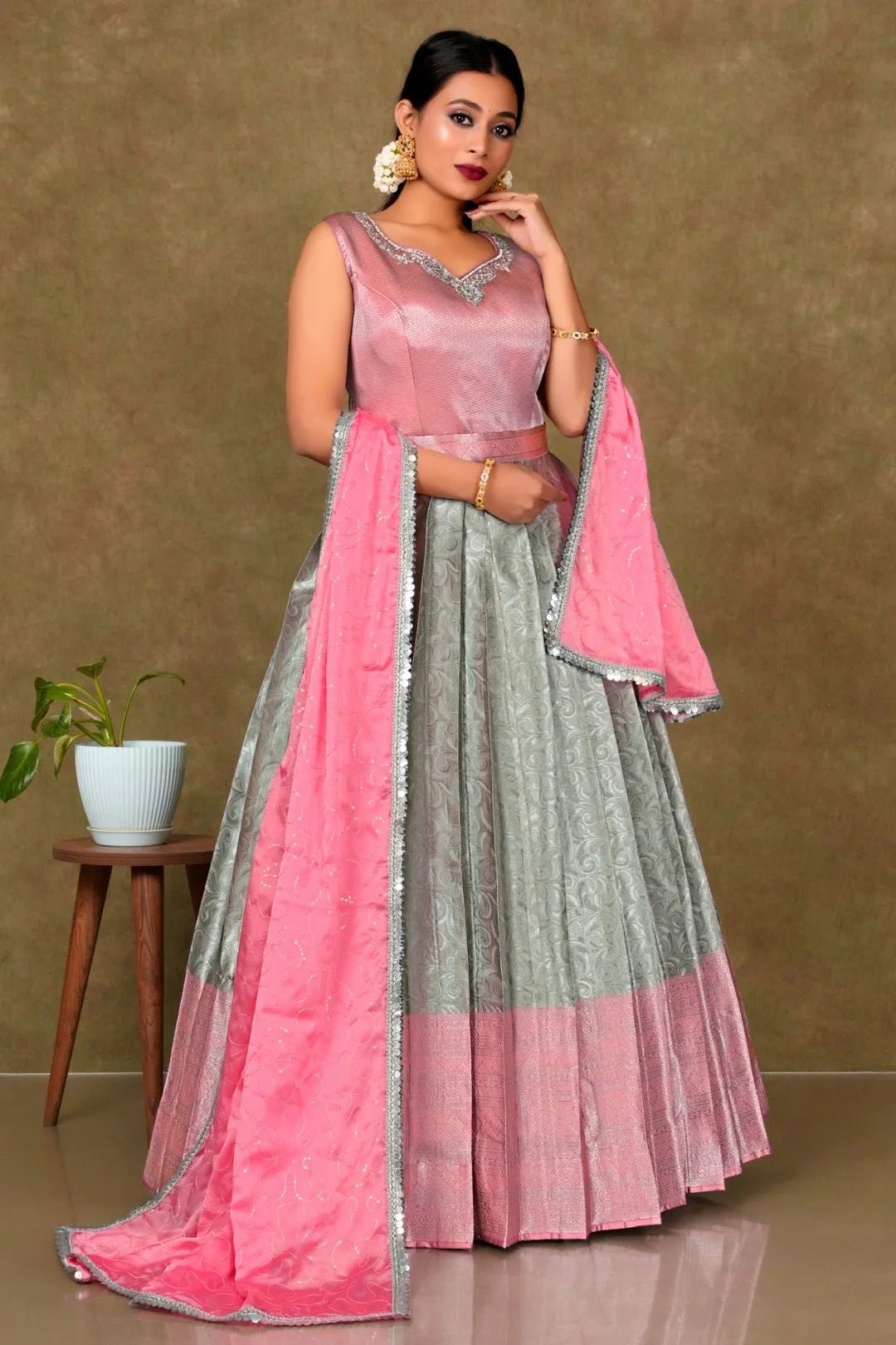 Chiku Pink Banarasi Long Gown With Dupatta - Gajiwala