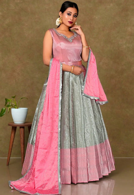 Chiku Pink Banarasi Long Gown With Dupatta - Gajiwala
