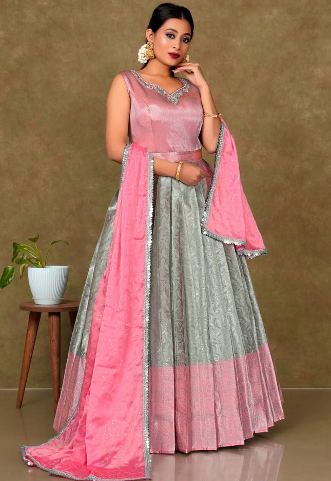 Chiku Pink Banarasi Long Gown With Dupatta - Gajiwala