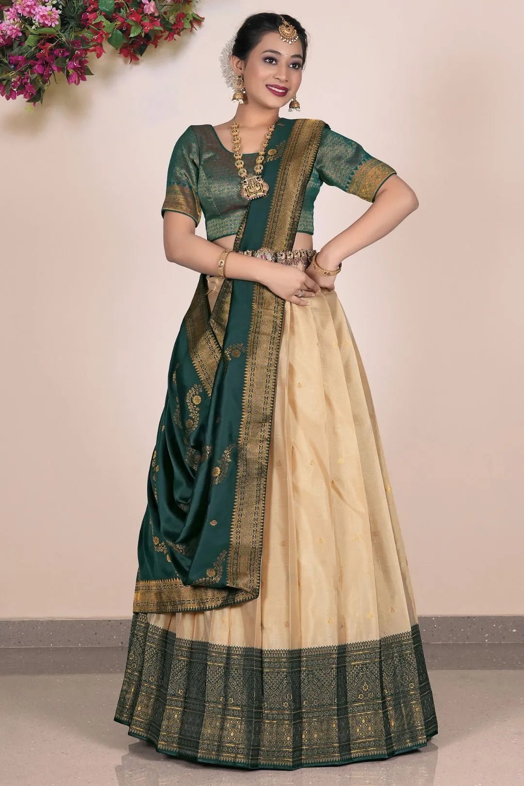 Chiku South Style Banarasi Silk Half Saree - Gajiwala