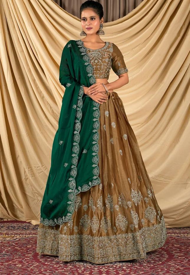 Coffee Barbery Silk Lehenga Choli With Rangoli Dupatta - Gajiwala