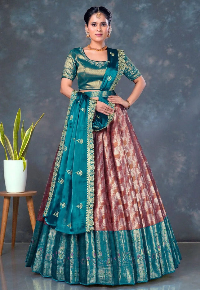 Copper Color Banarasi Lehenga With Peacock Dupatta - Gajiwala
