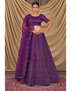 Dark Purple Sequins Embroidered Net Lehenga Choli - Gajiwala