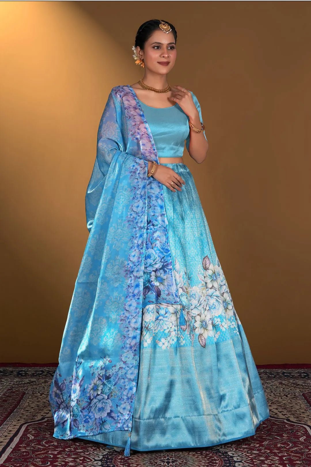 Firozi Digital Printed Satin Lehenga With Chinnon Dupatta - Gajiwala