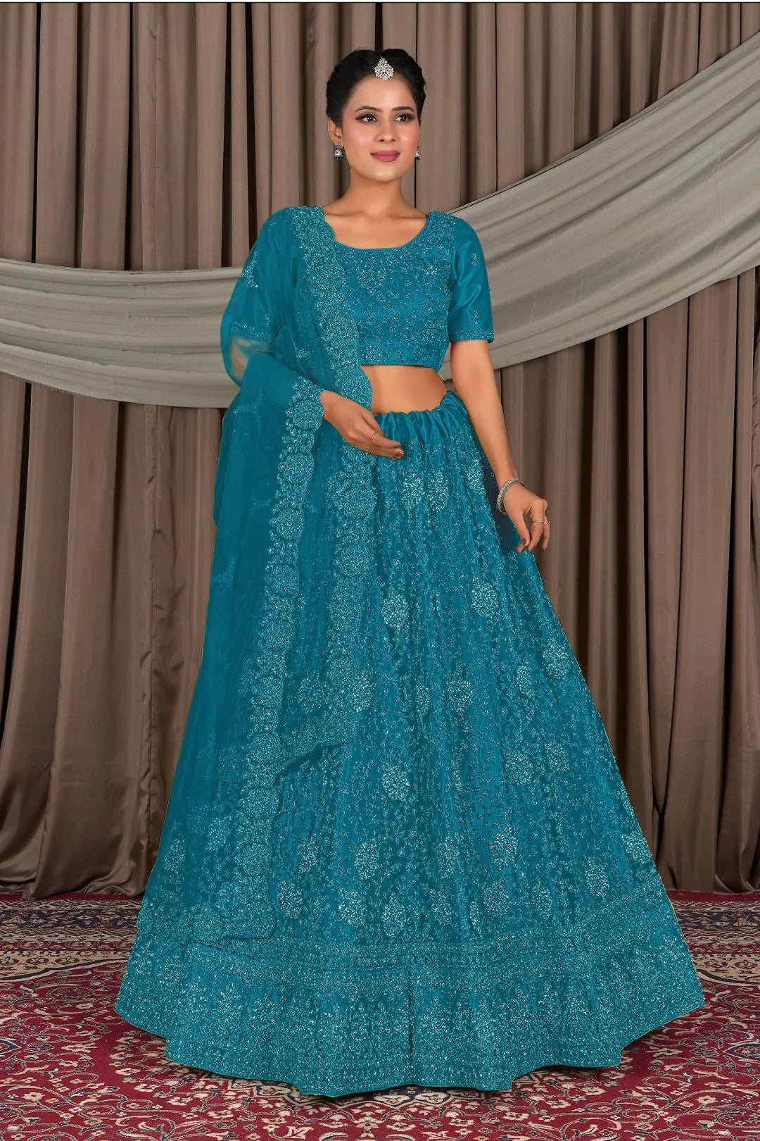 Firozi Embroidered Bridesmaid Lehenga Choli In Net - Gajiwala