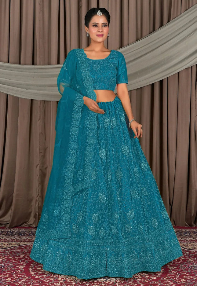 Firozi Embroidered Bridesmaid Lehenga Choli In Net - Gajiwala
