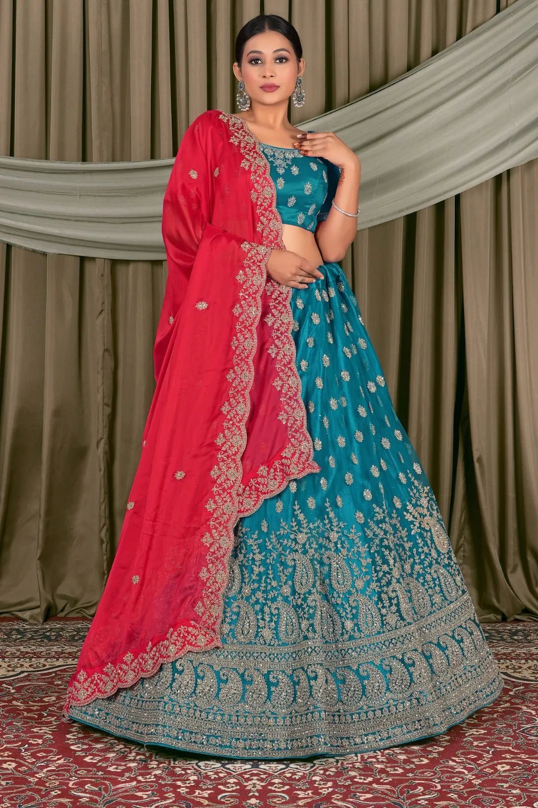 Firozi Embroidered Bridesmaid Lehenga Choli In Net - Gajiwala