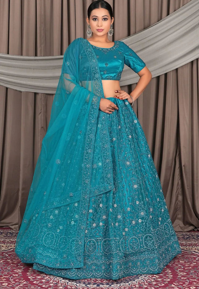 Firozi Embroidery Work Net Lehenga Choli - Gajiwala