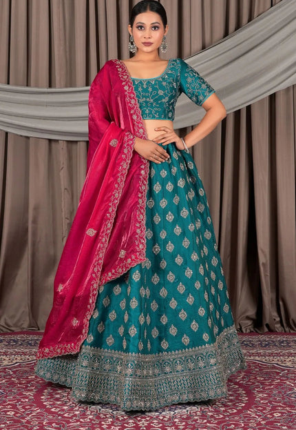 Firozi Fendy Silk Semi - Stitched Lehenga For Women - Gajiwala