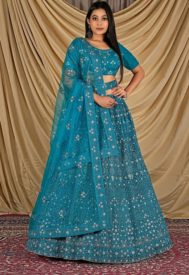 Firozi Party Wear Embroidered Net Lehenga Choli For Women - Gajiwala