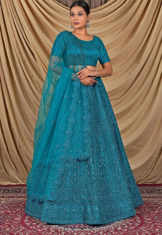 Firozi Sequins Embroidered Net Lehenga Choli - Gajiwala