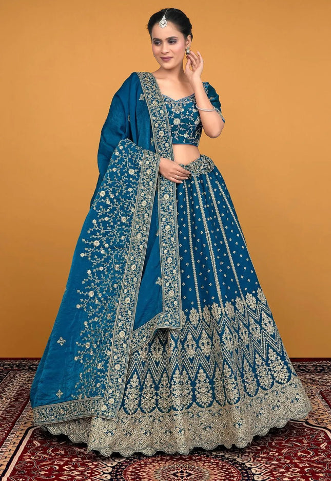 Firozi Traditional Fendy Silk Embroidered Lehenga Choli - Gajiwala