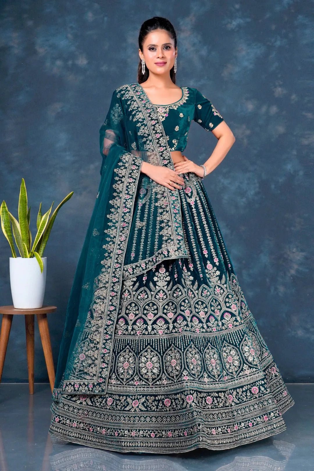 Firozi Velvet Bridal Lehenga Choli For Wedding - Gajiwala