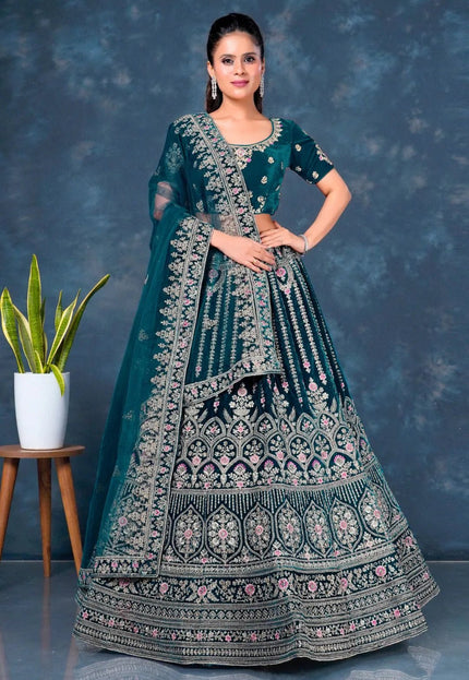 Firozi Velvet Bridal Lehenga Choli For Wedding - Gajiwala
