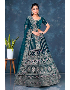 Firozi Velvet Bridal Lehenga Choli For Wedding - Gajiwala