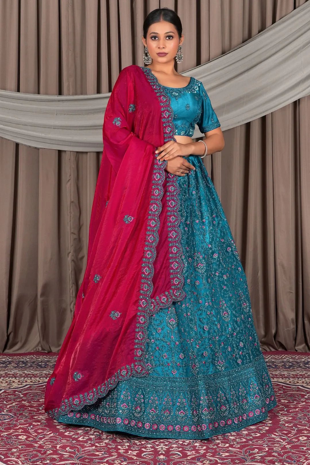 Firozi Wedding Wear Embroidered Net Lehenga Choli For Women - Gajiwala