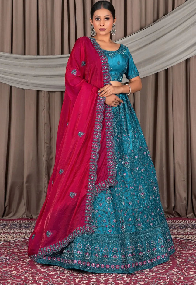 Firozi Wedding Wear Embroidered Net Lehenga Choli For Women - Gajiwala