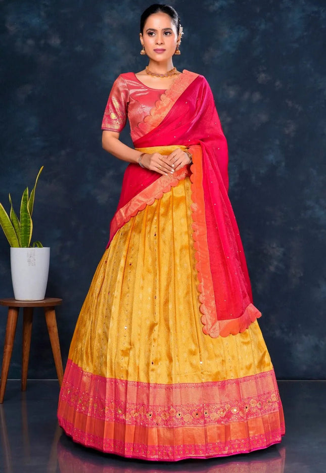 Gold Banarasi Designer Half Saree For Women - Gajiwala