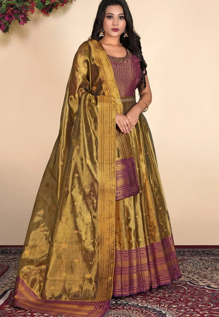 Gold Latest Tissue Silk Gown with Zari Work - Gajiwala