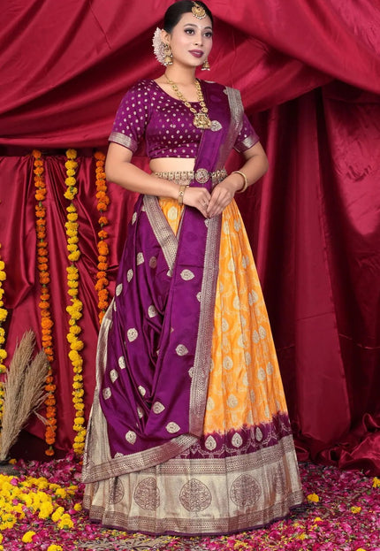 Gold Pink Viscose Silk Half Saree With Zari Work - Gajiwala