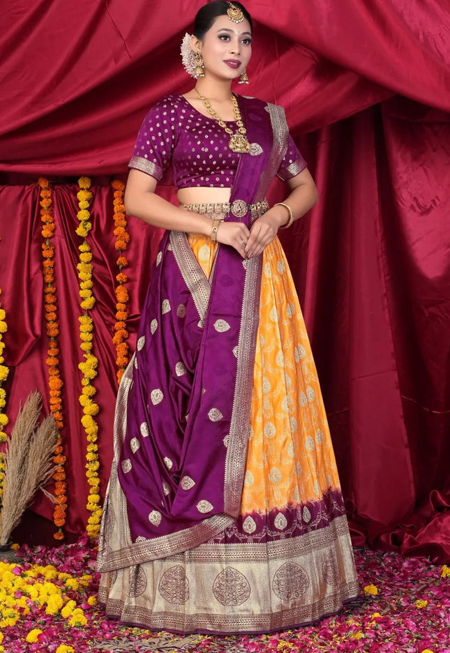 Gold Pink Viscose Silk Half Saree With Zari Work - Gajiwala