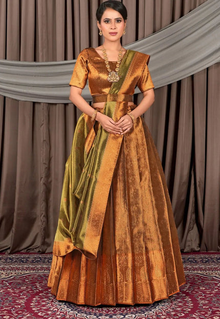 Gold Pure Two Tone Zari Tissue Pattu Half Saree For Women - Gajiwala