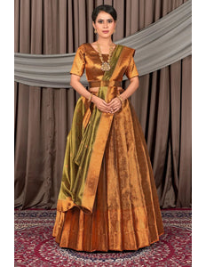Gold Pure Two Tone Zari Tissue Pattu Half Saree For Women - Gajiwala