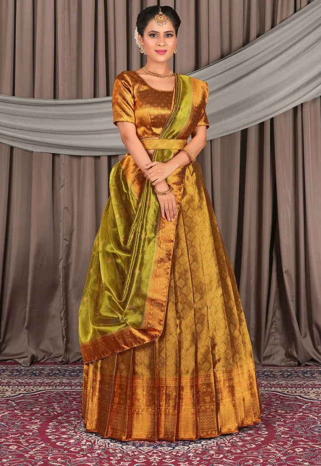 Gold Pure Two Tone Zari Tissue Pattu Half Saree For Women - Gajiwala