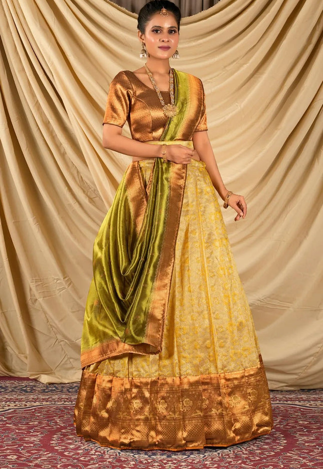 Gold Self Jacquard Silk Lehenga Choli With Zari Woven - Gajiwala