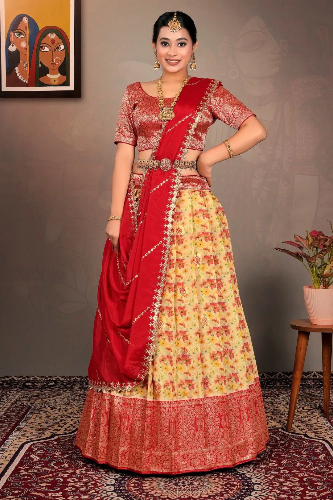 Gold Zari Tissue Lehenga Choli With Digital Print - Gajiwala