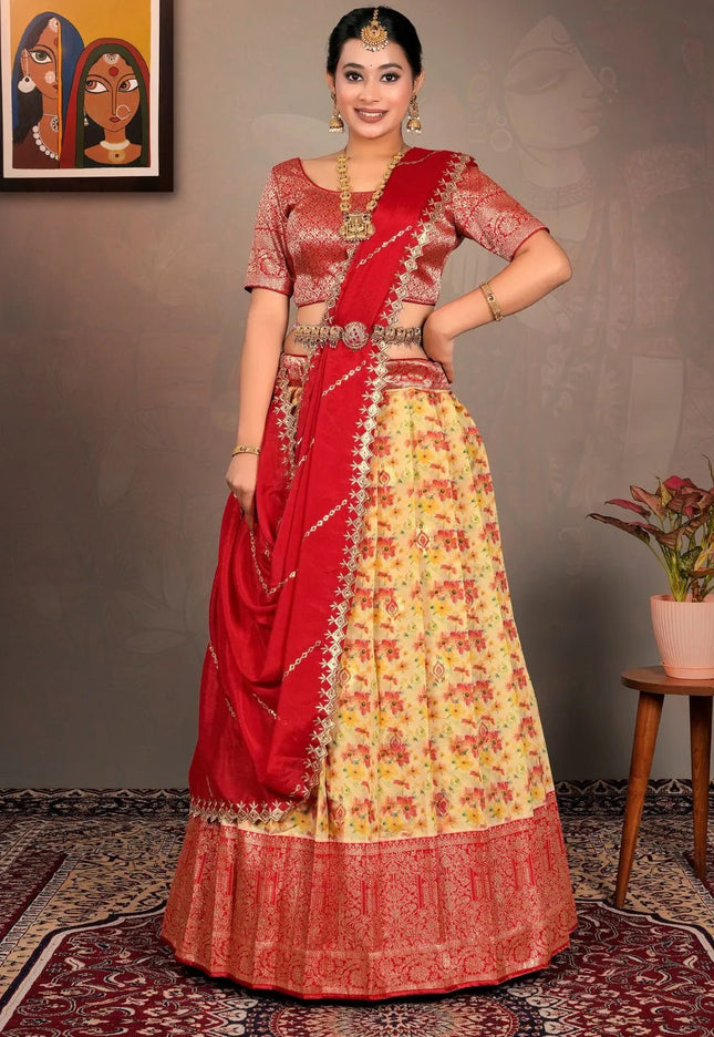 Gold Zari Tissue Lehenga Choli With Digital Print - Gajiwala