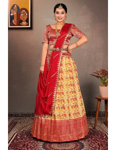 Gold Zari Tissue Lehenga Choli With Digital Print - Gajiwala