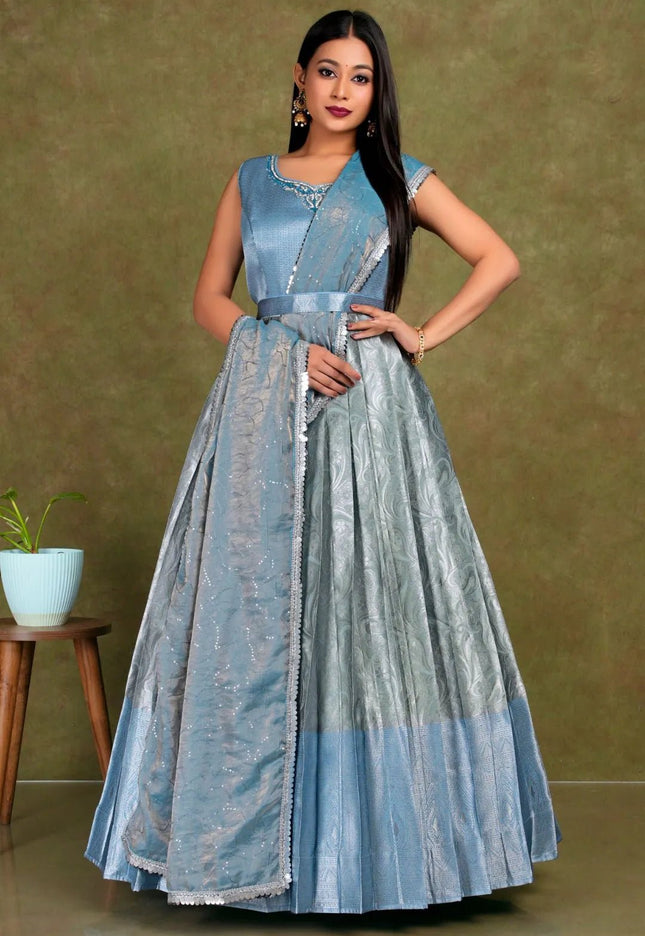 Gray Banarasi Long Gown With Dupatta - Gajiwala