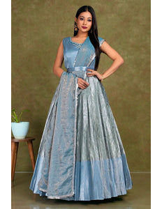 Gray Banarasi Long Gown With Dupatta - Gajiwala
