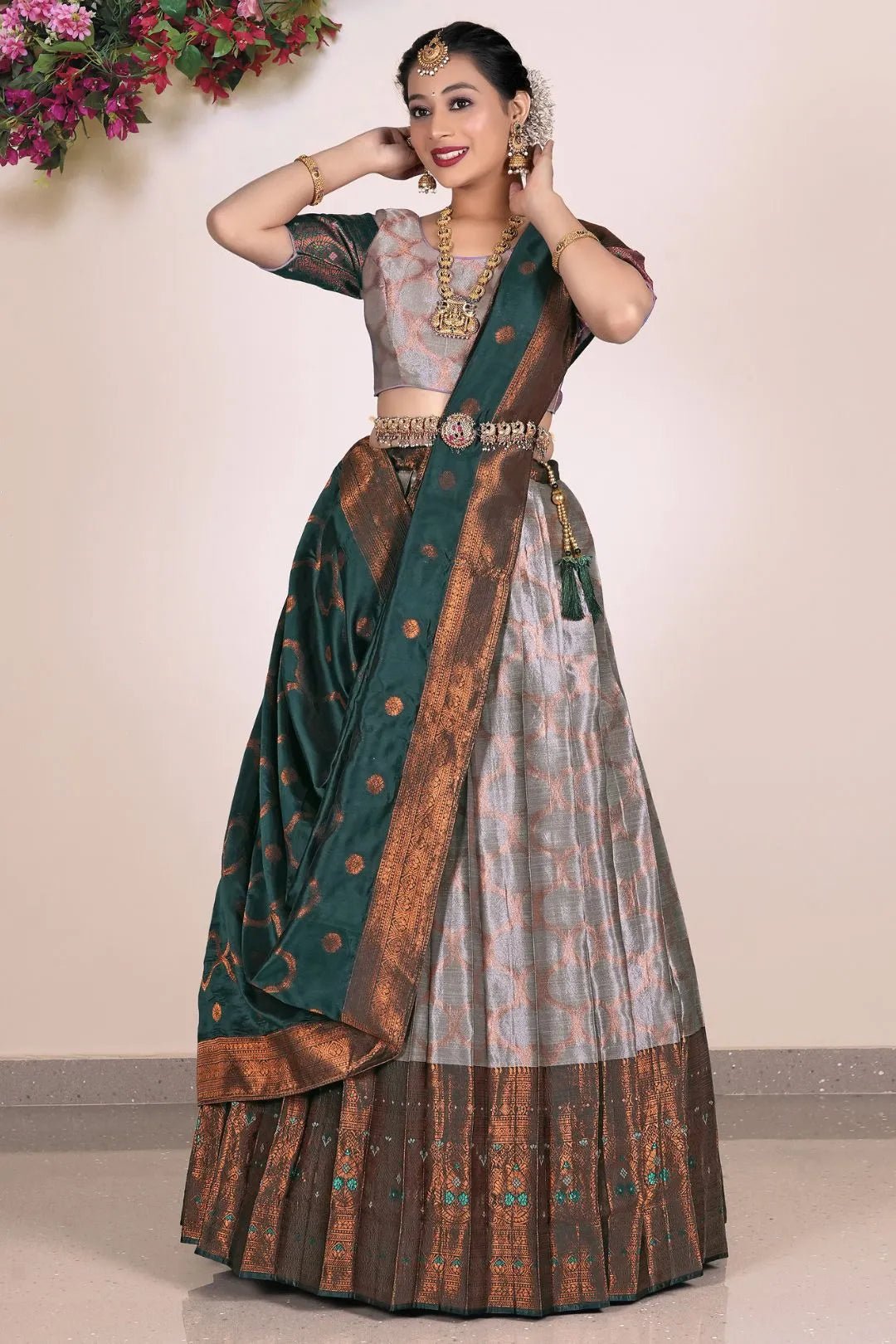 Gray Banarasi Silk Half Saree Lehenga For Women - Gajiwala