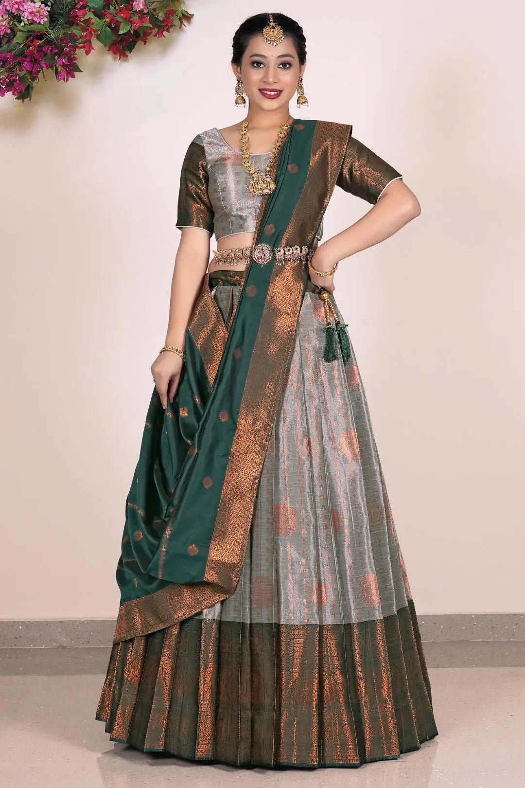Gray Banarasi Silk Half Saree Lehenga For Women - Gajiwala