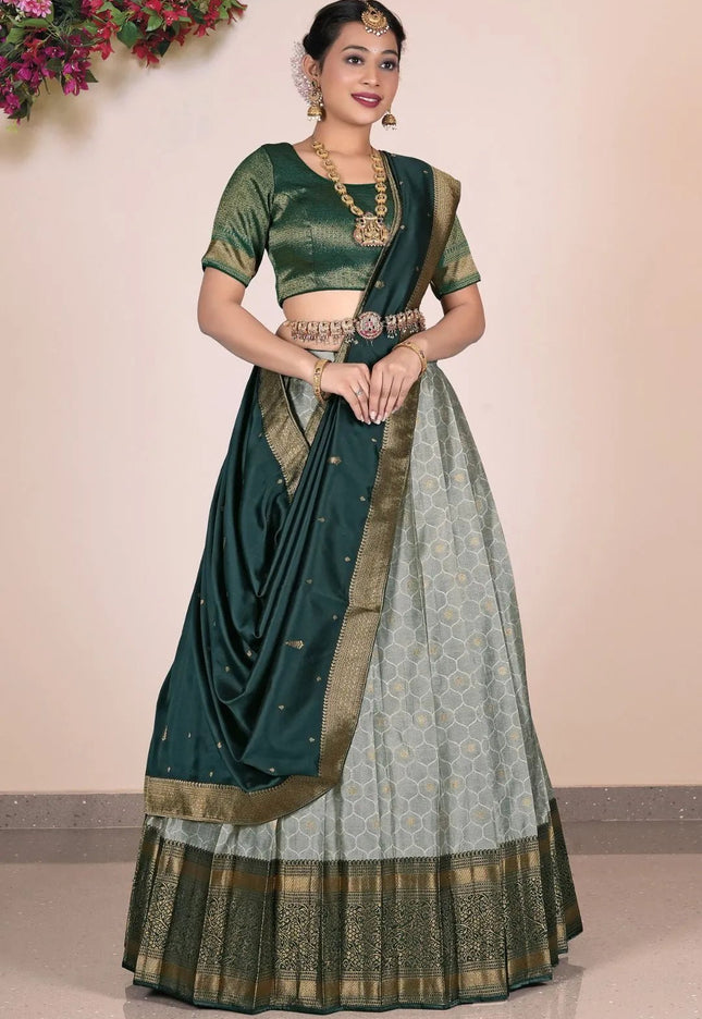 Gray Banarasi Silk Pattu Pavadai For Women - Gajiwala