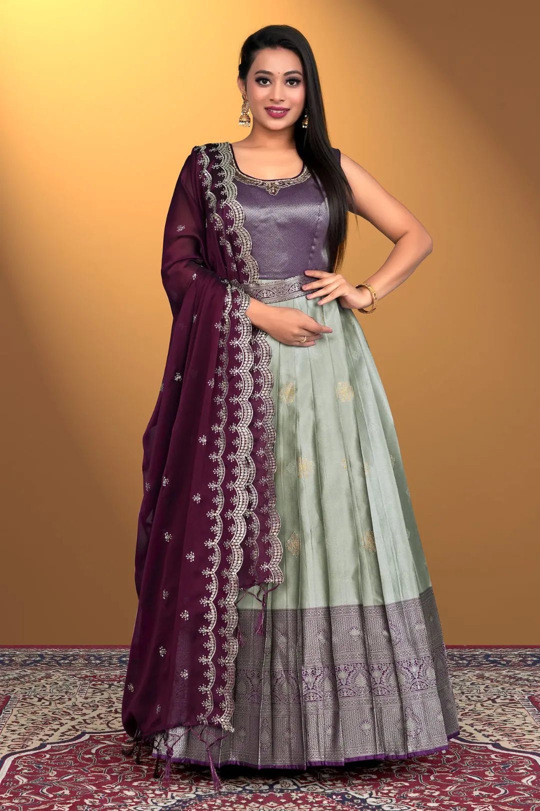 Gray Banarasi Silk Readymade Gown With Zariwork - Gajiwala