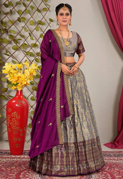 Gray Banarasi Zari Silk Lehenga Choli for Women - Gajiwala