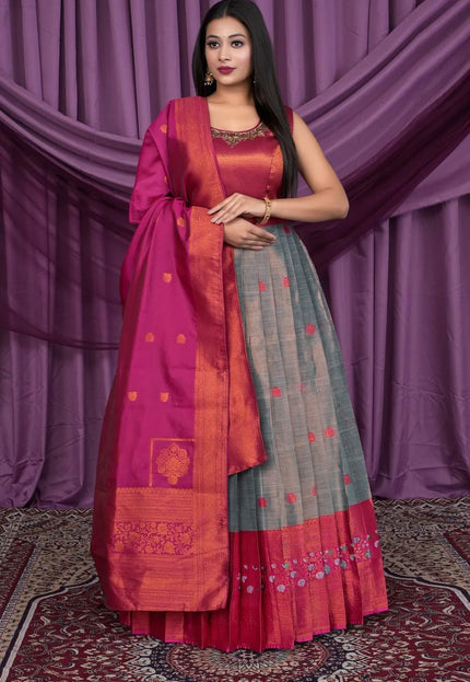 Gray Designer Banarasi Gown With Dupatta - Gajiwala