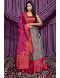Gray Designer Banarasi Gown With Dupatta - Gajiwala